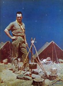 Scoutmaster in front of tents
